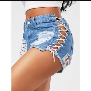 Medium-Wash Jean Shorts with Lace-Up Sides